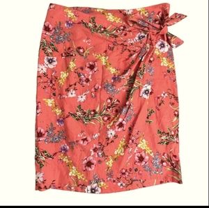 NWT Gibson Latimer Women Floral Coral Color Knee Length Linen Blend Wrap Skirt